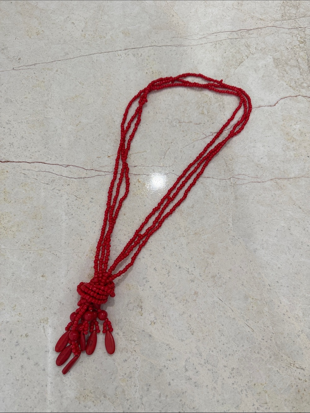 Red Multi-Strand Beaded Necklace with Tassel Pendant - Women Jewelry
